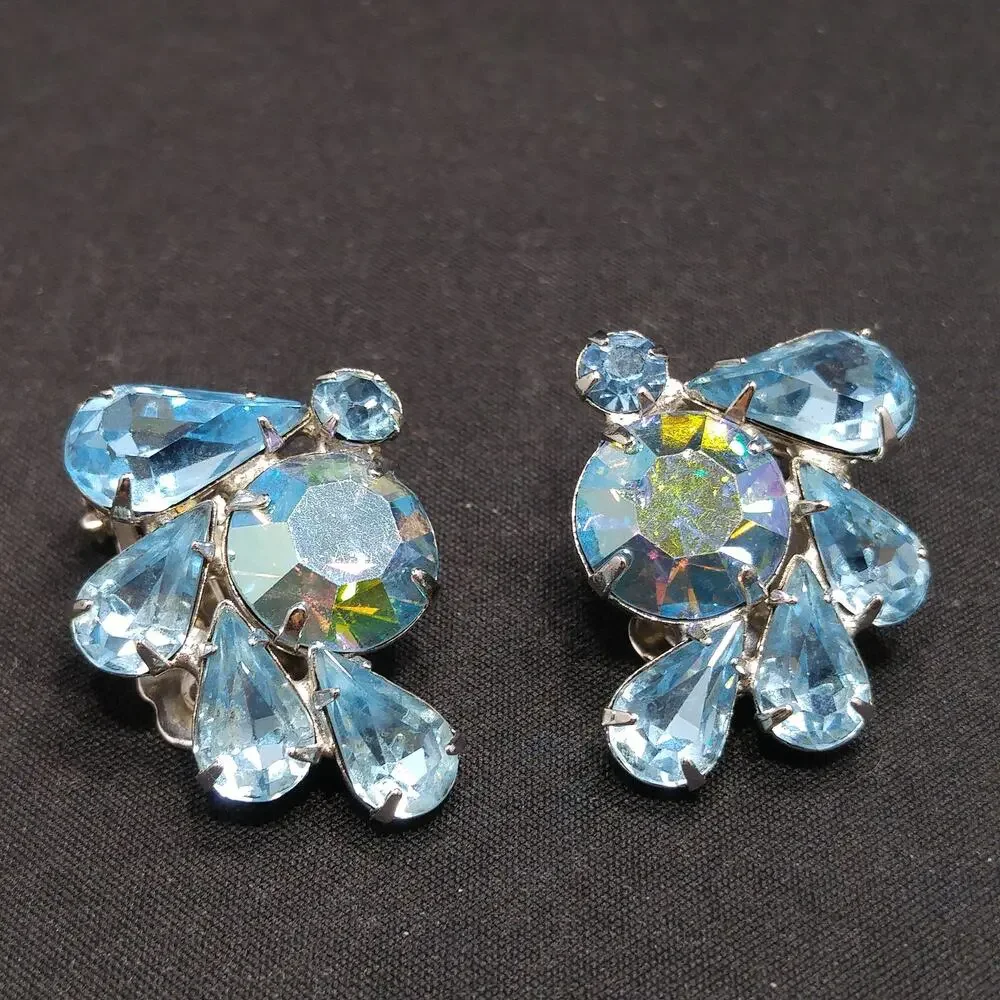 Vintage Weiss Blue AB Rhinestone Clip Earrings Rhodium Plated